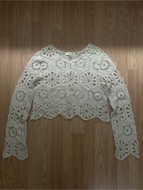 Crochet Lace Cropped Long-Sleeve Sweater - Cream